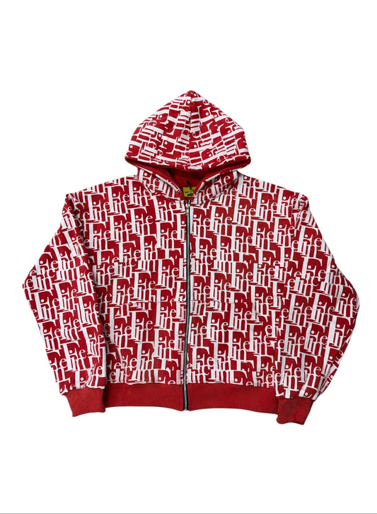 Fine Zip Up Hoodie Red White